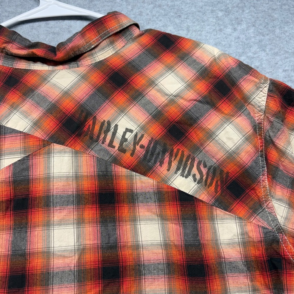 Harley-Davidson Cancun Mexico Plaid Button Up Shirt Mens XL Orange Distressed - Picture 5 of 8